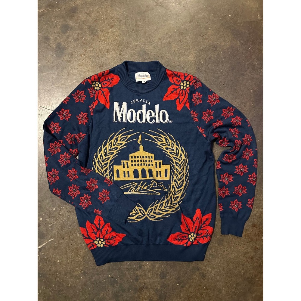 Modelo Cerveza Holiday Ugly Christmas Sweater Navy Blue Poinsettia Mens Large
